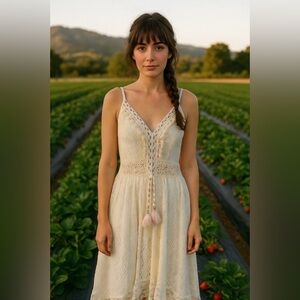 Crochet Boho Lace Dress with Large Pom Poms and Fringe, size Medium